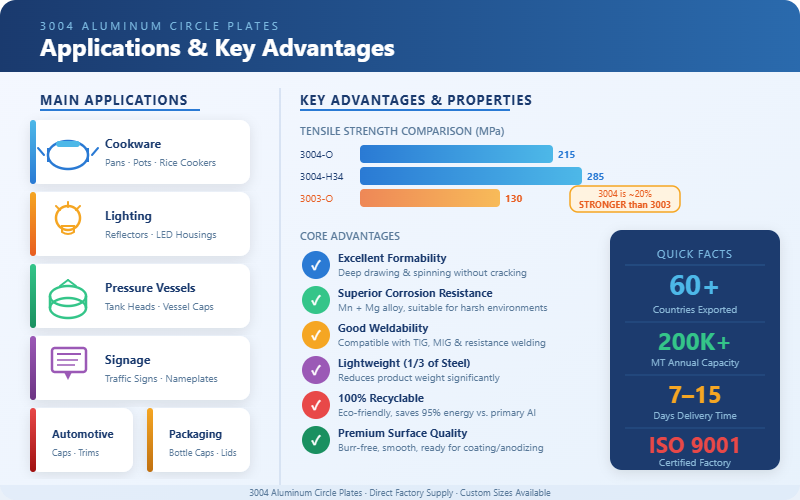 3004 aluminum circle plates applications and key advantages infographic showing six industries including cookware, lighting, pressure vessels, signage, automotive and packaging, with tensile strength comparison chart between 3004 and 3003 aluminum alloy, and factory capability data of 60 plus export countries and 200000 metric tons annual capacity