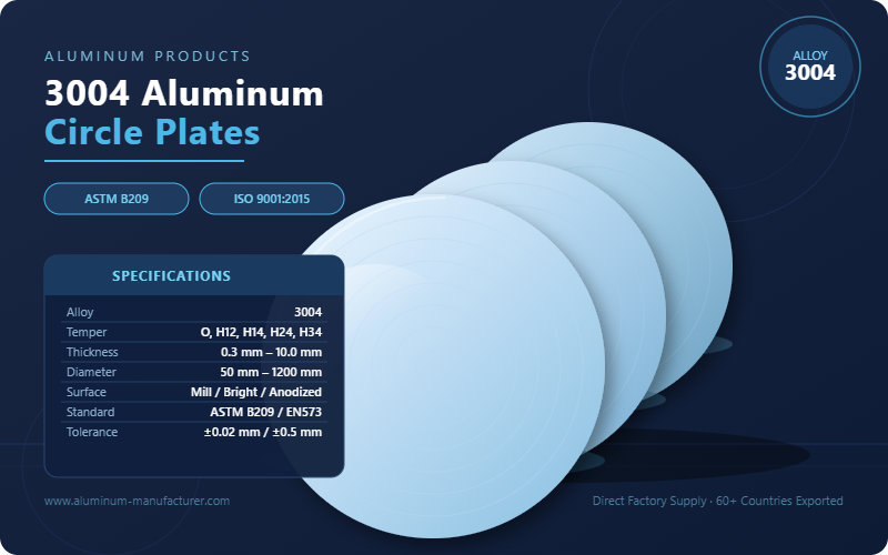 3004 aluminum circle plates product display showing three stacked metallic discs with concentric ring texture, specifications including thickness 0.3-10mm, diameter 50-1200mm, temper O/H12/H14/H24/H34, compliant with ASTM B209 and EN573 standards